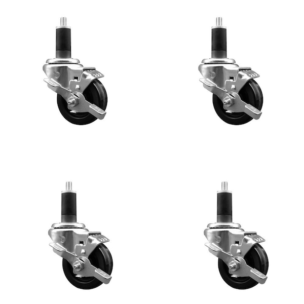 3'' Phenolic Swivel 1-1/4'' Expanding Stem Caster Set with Brake, 4PK